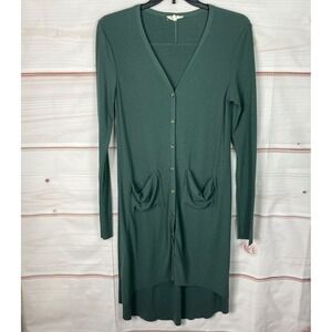 Kyemi Dress Womens L Green Ribbed Knit Midi Button Up Pockets Long Sleeve V-Neck
